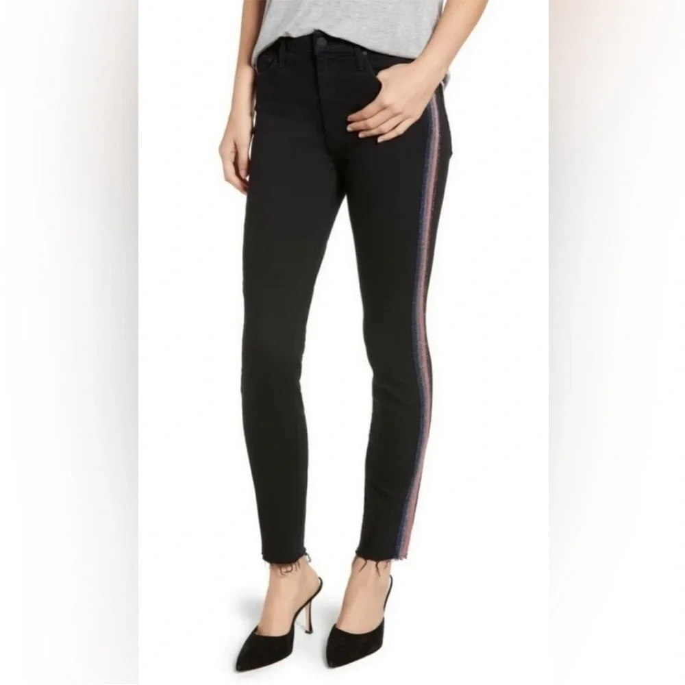 Mother High Waisted Looker Ankle Fray Black Guilty Glitter Racer Stripe Jeans 26